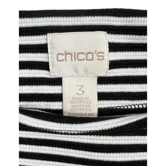 Chico's 3 Top 3/4 sleeve black white striped Shirt Size Large Stretch - Picture 2 of 8